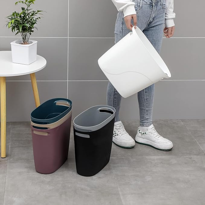 Plastic Small Trash Can Slim Waste Basket with Handles 3.2 Gallon Narrow Garbage Container Bin for Bathroom, Bedroom, Kitchen, Home Office Under Desk, Dorm, Laundry Room, Kids Room, Grey 2 Pack