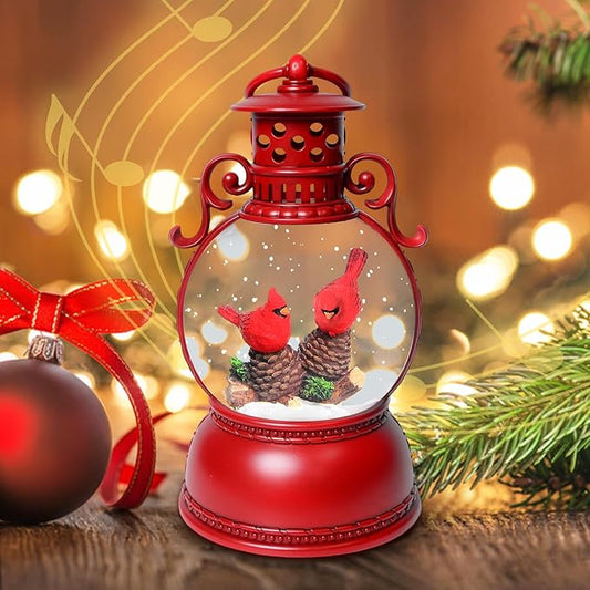 Christmas Snow Globes, Cardinal Christmas Snow Lantern with 8 Songs, 6H Timer Battery & USB Powered Glitter Music Box for Christmas Table Decorations Home Decor