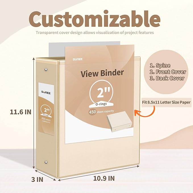 SUNEE 3 Ring Binder 2 Inch 4 Pack, Clear View Binder Three Ring PVC-Free (Fit 8.5x11 Inches) for School or Office Supplies, Neutral Aesthetic