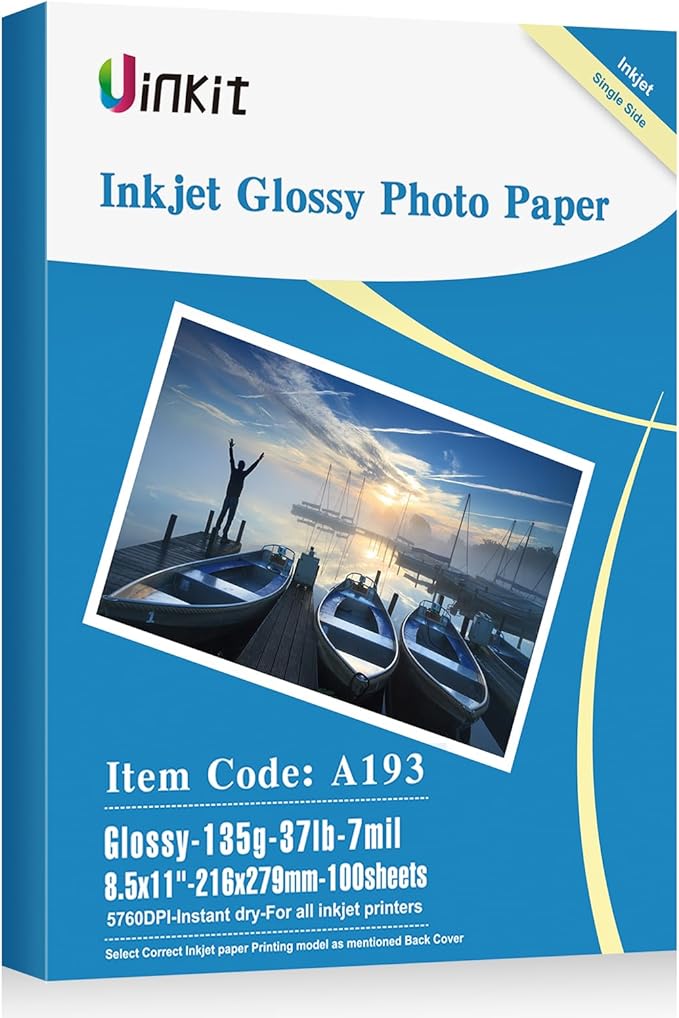 Uinkit 37lb Thin Flyer Paper Glossy 8.5x11 Inkjet 100 Sheets Single Side DIY Chip Bag 135gsm Printer Picture for Inkjet Printer with Dye Ink Letter size A4 Brochure (8.5X11X100)