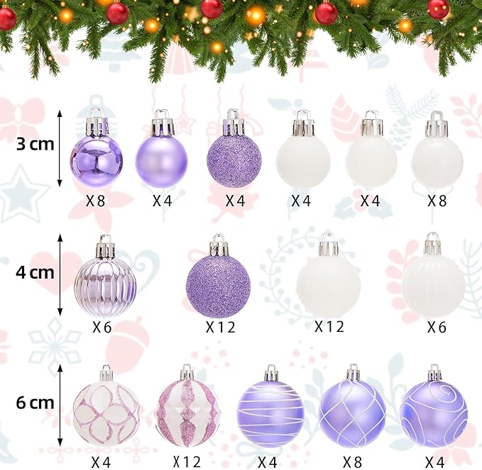 100Pcs Elegant Christmas Balls Set Christmas Tree Ornaments with Glitter and Patterns Bulk Ornaments for Tree as Festive Christmas Decor Xmas Ball Set Purple White