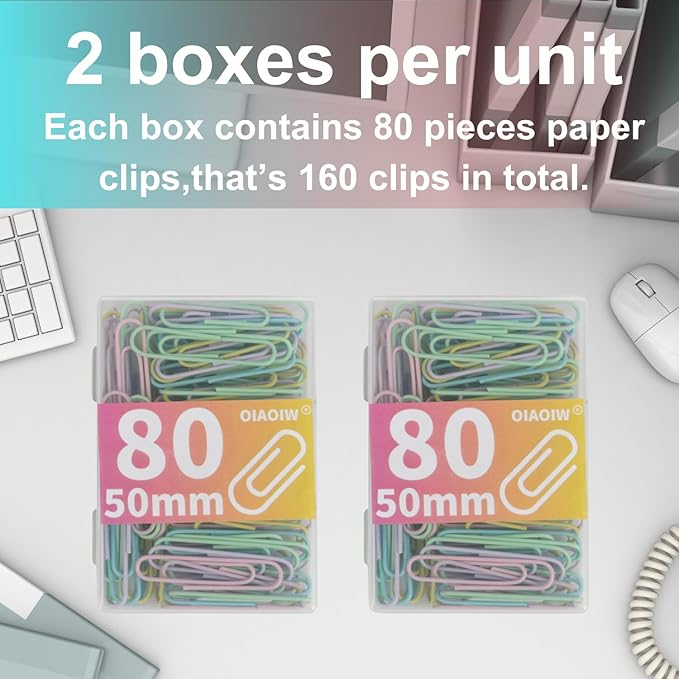Macaron Paper Clips Large Size Colored Paper Clip 2Inch (50mm) 160 Pack PaperClips 2 Boxes of 80 PCS Each Suitable for Office School Paperwork and Daily Use
