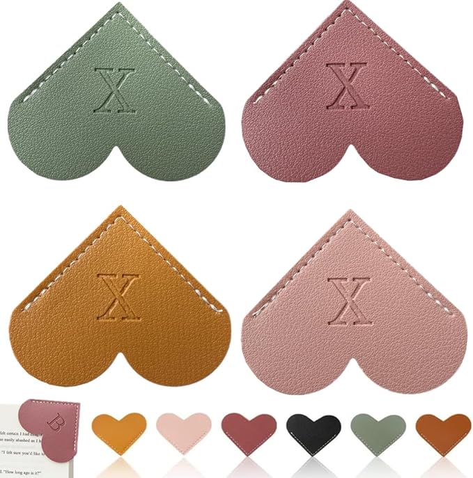 Personalized Leather Heart Bookmark, 26 Letters Customized Corner Book Mark for Reading Women, Book Marker with Initials，Cute Gifts (Light Pink+Deep Pink+Green+Light Brown, X)
