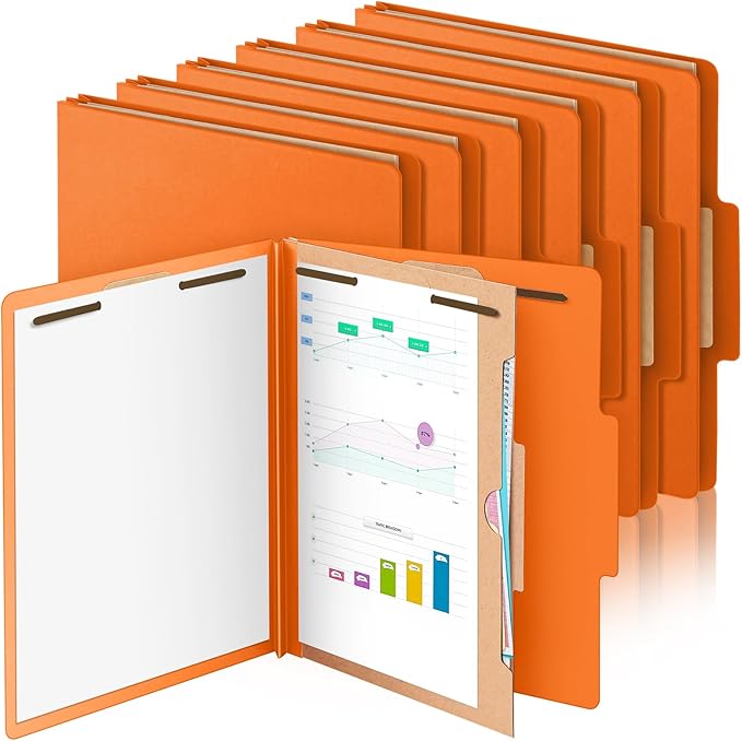 Skyygemm 12 Pack Classification File Folders Bulk with Divider and 2" Expansion, Pressboard Folder with 2 Prong Fasteners for Employee Records Medical Charts Office Document Organization(Orange)