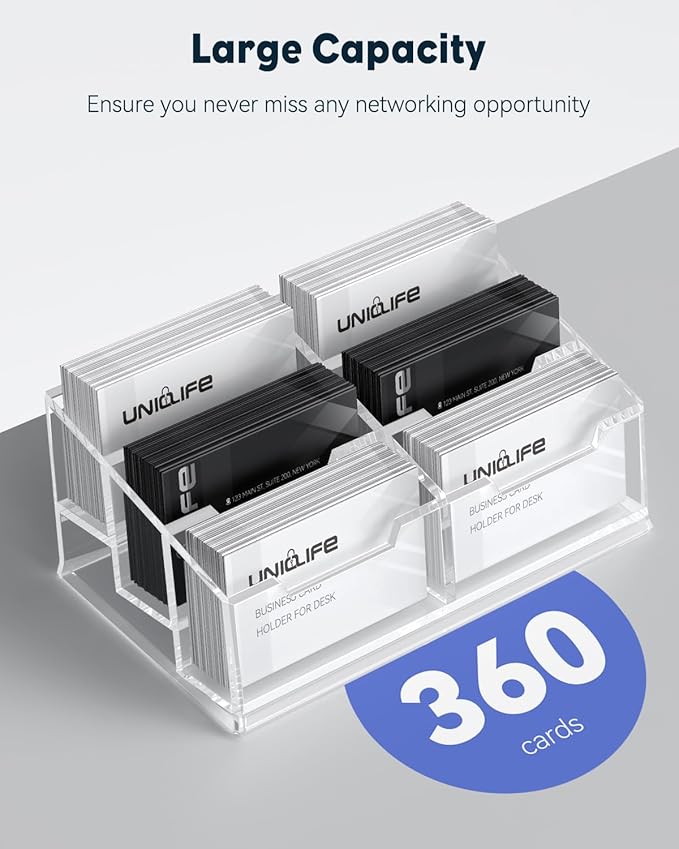 Uniclife Acrylic Business Card Holder for Desk 6 Slots Clear Business Card Display Stand for Men & Women Desktop Business Card Organizer Card Stand for Office Home Exhibition, 360 Card Capacity