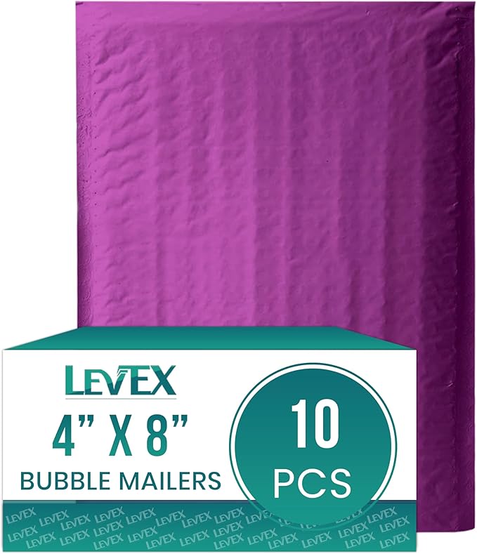Levex - #000 4" x 8" [10 Pack] Purple Poly Bubble Mailers, Padded Envelope Mailers, Packing Envelope & Mailing Bags for Shipping
