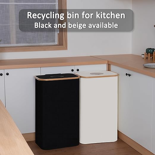 29 Gallons Recycling Bins for Kitchen, Indoor Recycle Bins with Lid, 110L Large Recycle bin with 2 Removeable Reusable Inner Bags, for Bottles Cans Glass Plastice Cartons(Beige)