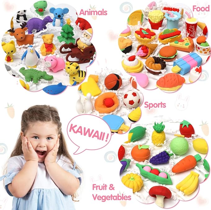 UMIKU 100 Pack Animal Pencil Erasers 3D Desk Pet for Kids Mini Puzzle Take Apart Eraser Student Classroom Prizes Rewards Easter Egg Fillers Treasure Box Back to School Supplies Kid Party Favors Gift