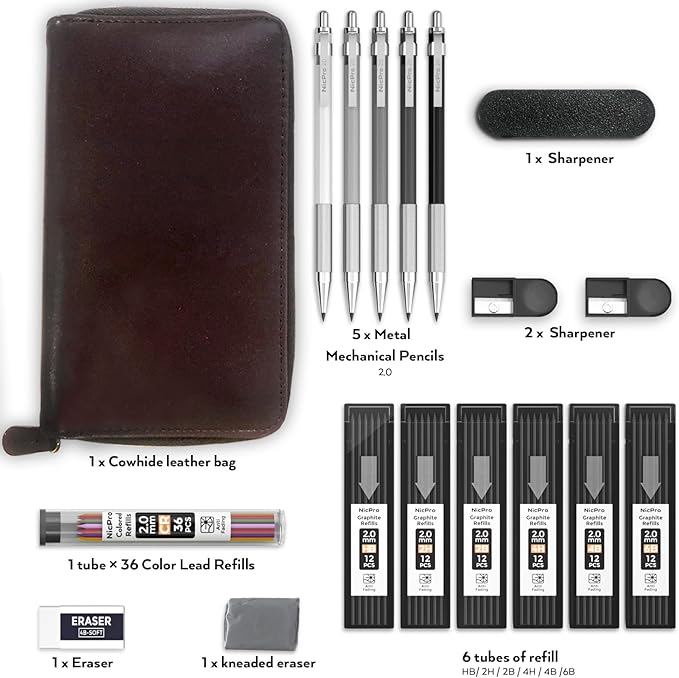 Nicpro 17PCS Metal 2mm Mechanical Pencil Set in Leather Case, 5 PCS 2.0 mm Lead Pencil Holders (4B 2B HB 2H 4H) 6 Tube Black Colored Lead Refills, Erasers, Sharpener For Art Drafting Sketching Drawing