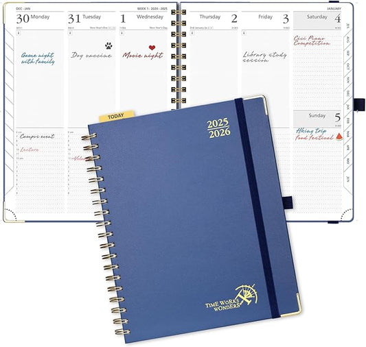 POPRUN Academic Planner 2025-2026 (July 2025-June 2026), Daily Weekly and Monthly Appointment Book (Wirebound Hard Cover - 10'' x 8'') with Hourly Time Slots, Tabs, 100 GSM - Navy Blue