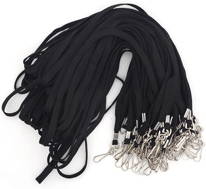 Name Tags Lanyard Badge Holder Pairs (Set of 50, Black): Woven Round Lanyard & Horizontal Sealable Waterproof Clear Plastic ID Card Name