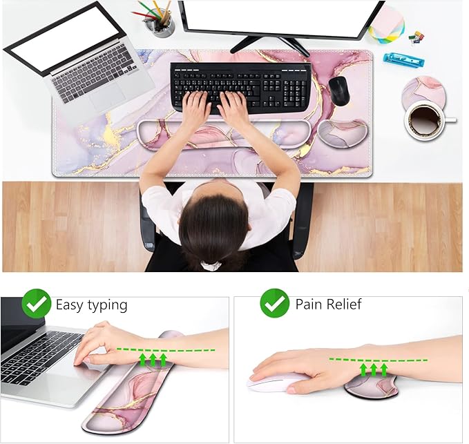 AIMSA Large Gaming Mouse Pad Set, Keyboard Wrist Rest Support Mouse Pad, Ergonomic Memory Foam Multifunctional Extended Desk Mat 35x15.7in Anti-Slip Rubber Base for Office Home, Pink Purple Marble