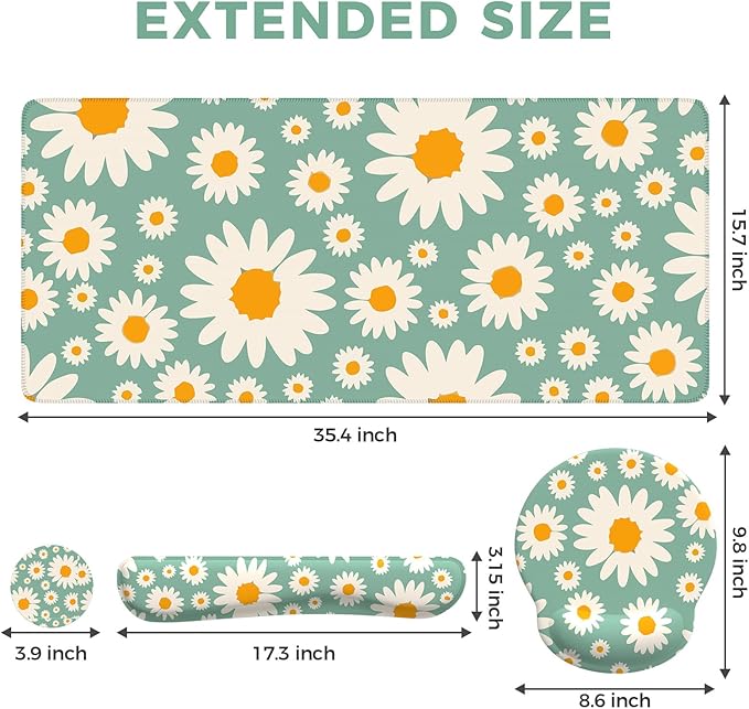 iCasso Desk Cover Mat, 4in1 Floral Large Mouse Pad with Wrist Rest, Desk Matt for Desktop, Anti-Slip XXL Big Computer Ergonomic Mousepad with Wrist Support for Keyboard and Mouse (Daisy)