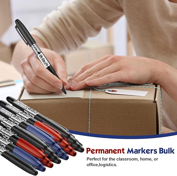 Thenshop 300 Pack Permanent Markers Bulk First Day of School Back to School Supplies Fine Point Waterproof Marker Works on Plastic, Wood, Stone, Metal, Glass for Office Classroom(Black, Red, Blue)