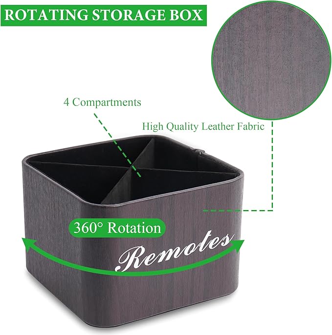 Hennaja Square Leather Art Supply Organizer,Remote Control Holder with Removable Dividers,360°Rotatable Pencil Holders,4 Compartments Organizer for Office Supplies Storage Box(1-Dark Brown)