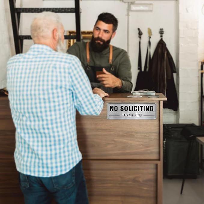 No Soliciting Sign Aluminum Silver 9 x 3 Inches Self-Adhesive Waterproof Metal Door Wall Sign for Business Houses 4 Pack