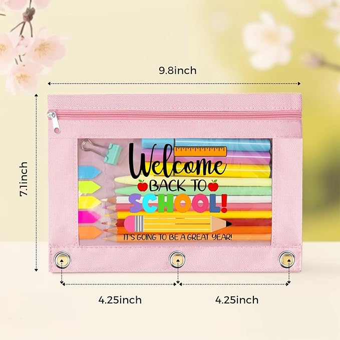 Zippered Pencil Pouch Cute for 3 Ring Binder, Welcome Back To School Clear Pen Pencil Case Bag Pink 2 Pack