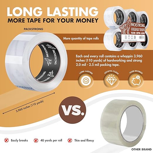 Packstrong Industrial Grade Clear Packing Tape 24 Rolls - 110 Yards per Roll - 3" Wide x 2.5 mil Thick, Acrylic Adhesive Heavy Duty Tape for Box Office Moving Packaging Shipping
