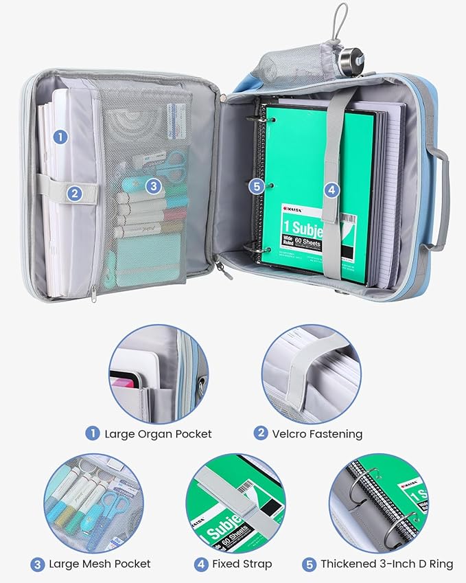Zipper Binder, 3 Inch D-Ring 3 Ring with Water Bottle Holder,700 Sheet Capacity-Multiple Pockets,Binder with Strap for School/Office, Fit for 13" Tablet/Laptop,Patent Design-Baby Blue