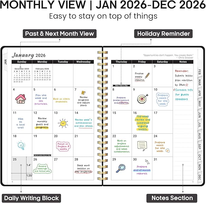 2026 Planner, Weekly and Monthly Calendar Planner Book, January 2026 - December 2026, Hardcover Spiral Planner with Monthly Tabs, Notes Pages, Perfect for Women & Men, A5 (6.4" x 8.5") - Black