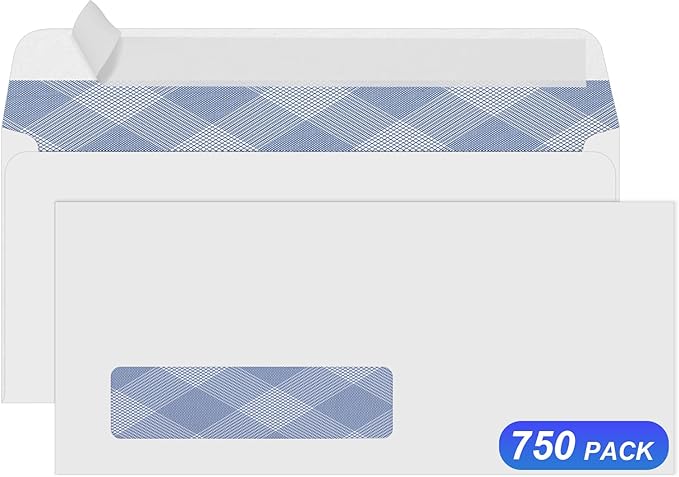 750#10 Single Window Envelopes, PANDRI Self Seal Security Envelopes, Security Tint Pattern for QuickBooks Invoices, Business Statements and Computer Printed Checks, Size 4-1/8 x 9-1/2 Inch - 24 LB