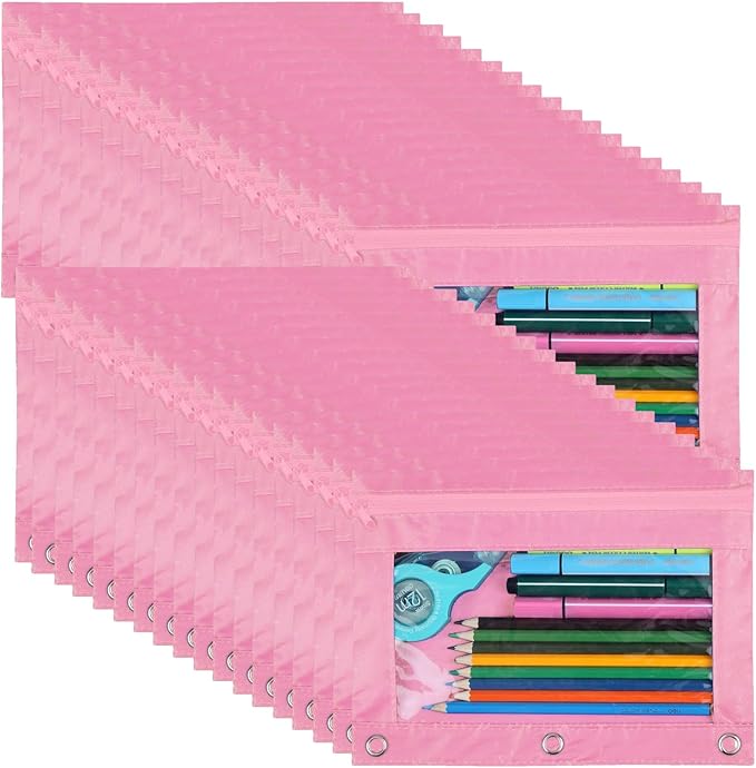 YoeeJob 36 Pack Zipper Pencil Pouch for 3 Ring Binder with Clear Window for School and Office Supplies (Pink)