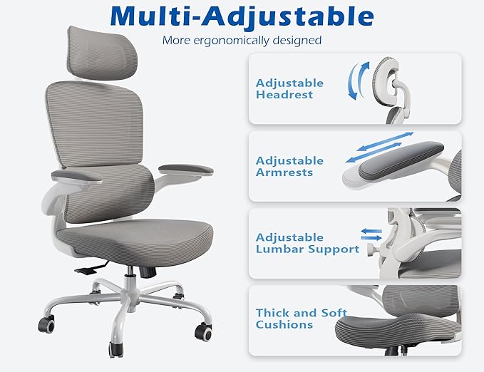 TRALT Ergonomic Office Chair - Desk Chair with Adjustable Headrest Lumbar Support Computer Chair - Mesh Comfy Chair with Flip-up Armrests - Gaming Chairs for Adults Home Office (Leather, Grey)