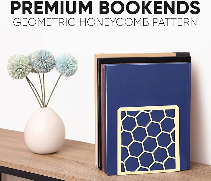 GEOMOD Geometric Honeycomb Yellow Metal Bookends Decorative - Tall Sturdy Book Ends for Shelves - Modern Heavy Duty Bookend Stopper - Office or Home Book Shelf - 6x3.25x6.25 Inches - 1 Pair
