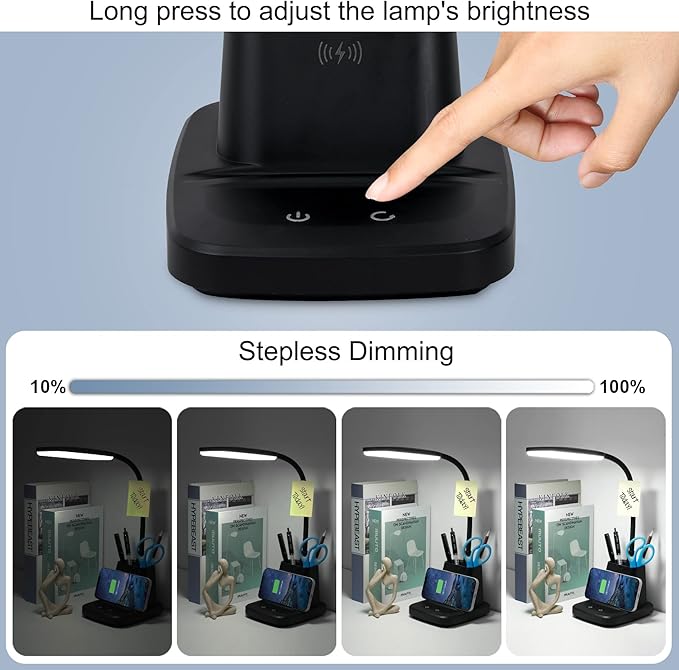 Sailstar Desk Lamp, LED Desk Lamps for Home Office, Wireless Charger Small Desk Lamp with Pen Holder, 3 Color Modes, Dimmable, CRI 85, 800LM, Study Lamps for College Dorm Room, Adapter Included, Black