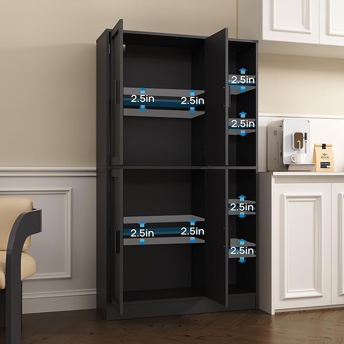 63" Tall Black Kitchen Pantry, Freestanding Storage Cabinet with 4 Doors, Adjustable Shelves for Dining Room, Laundry Room