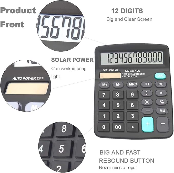 Calculators for Desk, BESTWYA 12-Digit Dual Power Handheld Desktop Calculator with Large LCD Display Big Sensitive Button (Black,Pack of 4)