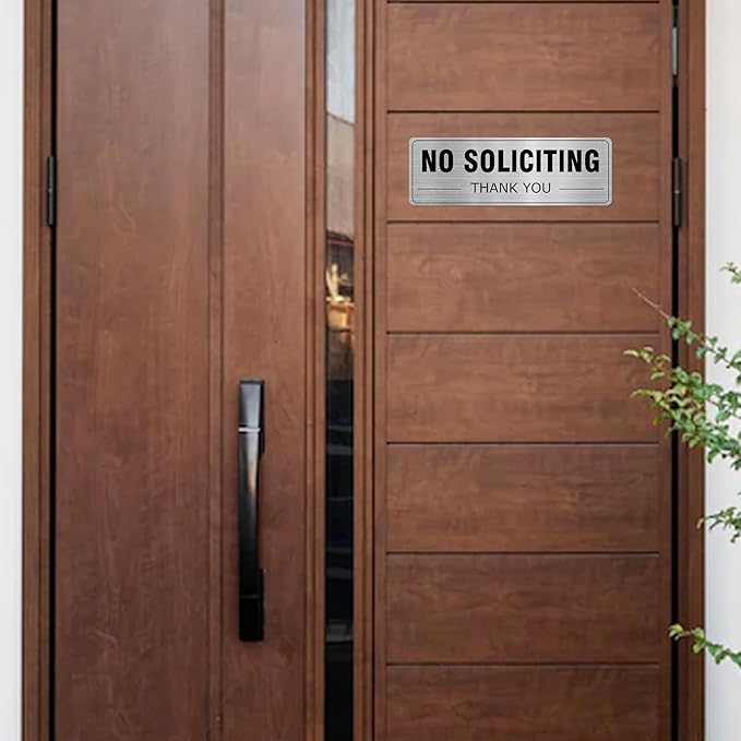 No Soliciting Sign Aluminum Silver 9 x 3 Inches Self-Adhesive Waterproof Metal Door Wall Sign for Business Houses 4 Pack