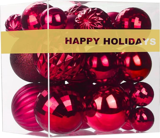 Rose Red Christmas Ornaments - Christmas Tree Decorations Shatterproof Hanging Balls for Birthday Wedding Holiday Decor Set of 36pcs, Multi-Sizes(1.6",2.5",3.2")