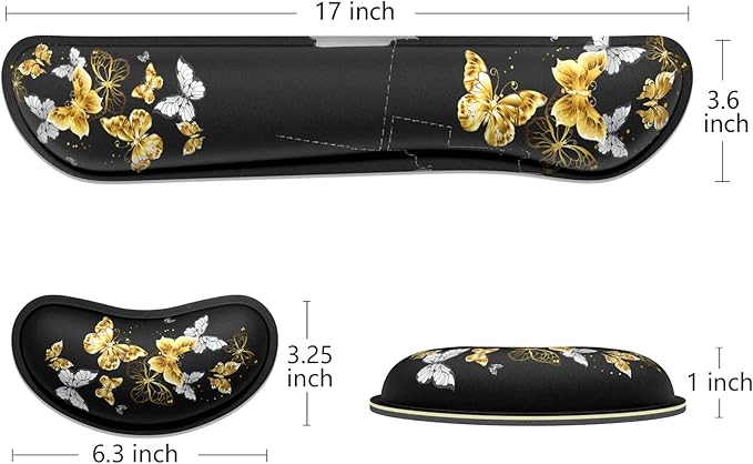 Dapesuom Enlarge Keyboard Wrist Rest, Memory Foam Wrist Cushion for Desk Mats Support, Typing Pain Relief Keyboard Mouse Pad Rests Set with Non-Slip Base for Gaming Laptop Office Computer, Butterfly