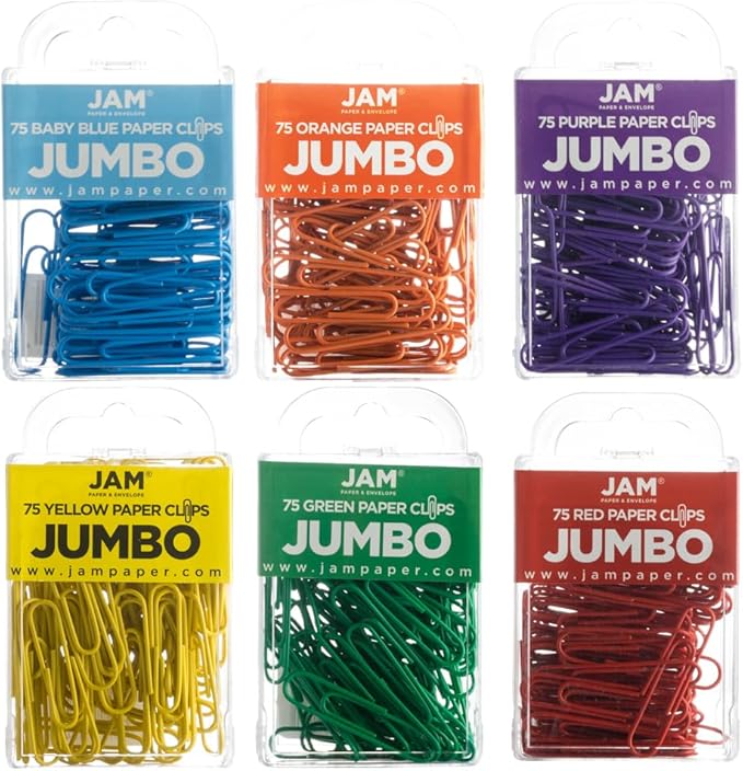 JAM PAPER Colorful Jumbo Paper Clips - Large 2 Inch Paperclips - Rainbow Assortment - 6 Packs of 75