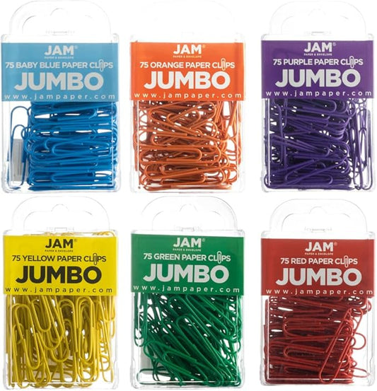 JAM PAPER Colorful Jumbo Paper Clips - Large 2 Inch Paperclips - Rainbow Assortment - 6 Packs of 75
