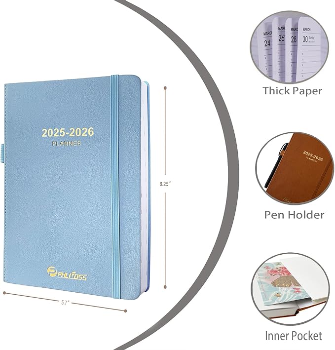 2025-2026 Daily Planner, One Page Per Day, Academic Calendar (July 2025 - June 2026), Appointment Book with Time Slots and Monthly Tabs, 5.7" x 8.25", Pocket, Leather Cove (Sky blue)