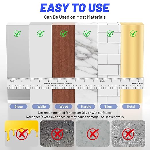 Removable Double Sided Tape Heavy Duty & Heat Resistant with Measurement Guide (Printed Inch/cm Backing), Clear Mounting Strips for Home & Office, Picture Hanging, 1.18" x 9.85' Roll