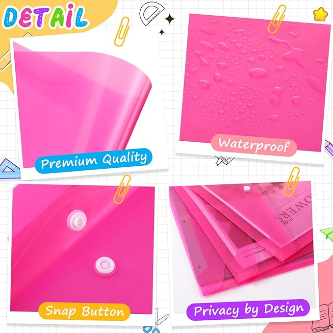 100 Pcs Clear Envelopes with Snap Button Closure Bulk A4 Letter Size Clear Plastic Envelope Folder Document Organizer File Folders for Office Home(Pink)