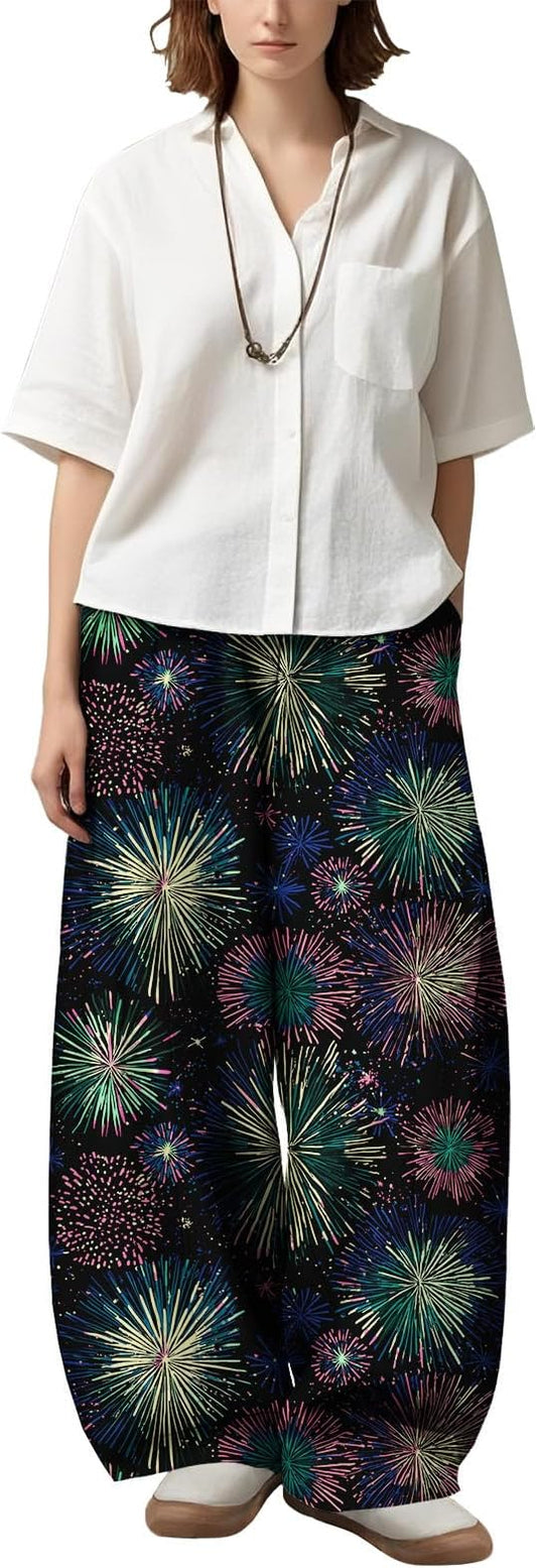 Zaswen Women's Oversize Loose Fit Breathable Pants Wide Leg Lounge Pants Fashion Casual Fireworks Print Trousers with Pockets