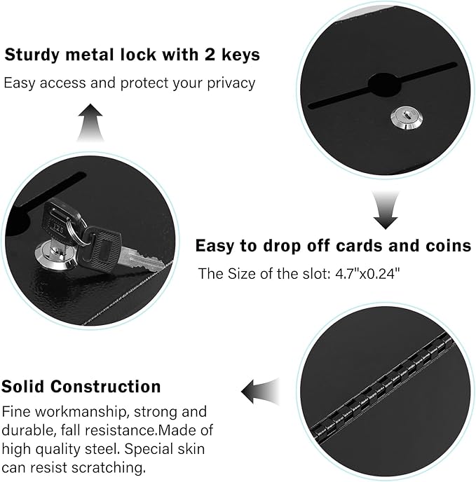 xydled Wall Mounted Ballot & Donation Box with 50 Suggestion Cards, Metal Suggestion Box with Key Lock, Collection Box, Black, 8.7"x 5.9"x7.1"