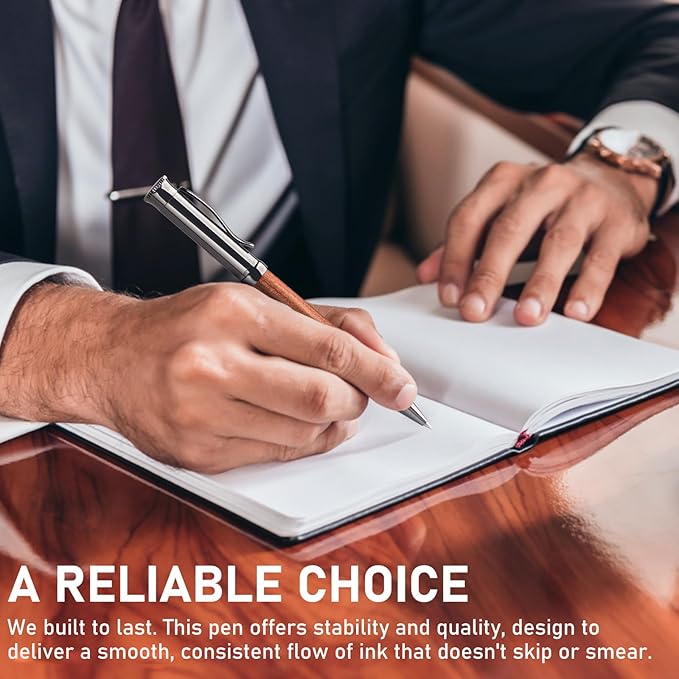 WEMATE Wood Rollerball Pen Set, Extra 2 Ink Refills(1 Black & 1 Blue), Fancy Writing Pen Nice Luxury Office Gift for Men, Professional and Executive, Cool Wooden Pen for Journaling - Bubinga