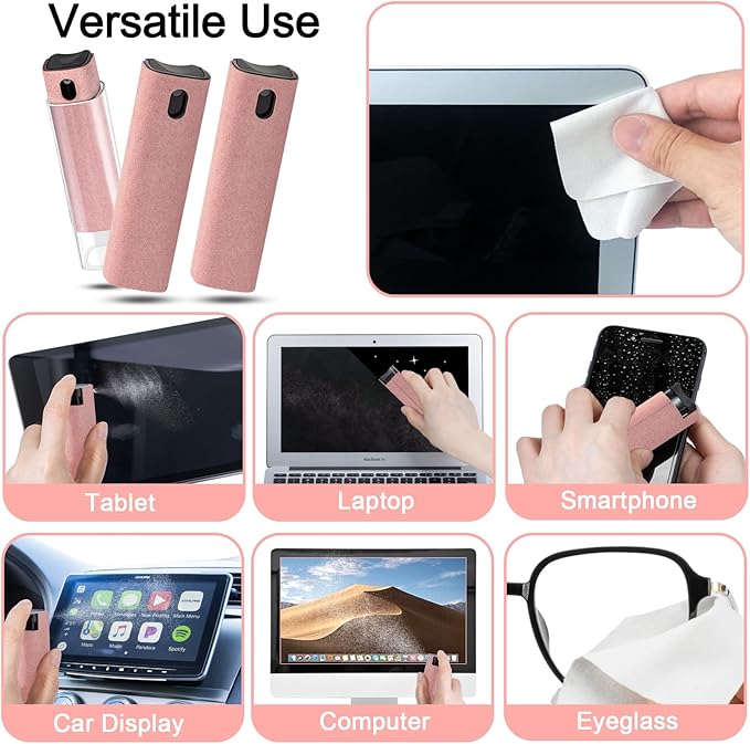 walrfid 3 Pack Screen Cleaner, Car Screen Cleaner Spray and Wipe, Computer Laptop Cleaning Kit for Electronic iPad, iPhone, Cellphone, Monitor, MacBook, Car Display, Tablet, TV Flat Screens, Pink