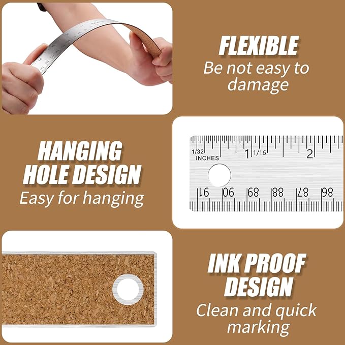 2PCS 24 Inch Metal Ruler, Stainless Steel Straight Edge Ruler with Cork Backing, Non-Slip Imperial & Metric Measuring Tool for School, Office, Woodworking, Drafting