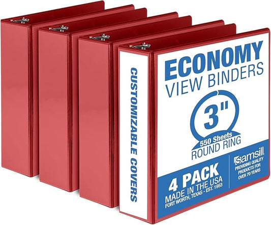 Samsill 3 Inch 3 Ring Binders, Made in USA, Economy Round Ring, Clear View Cover, 550 Sheet Capacity - for School, Home, Office - Red, 4 Pack
