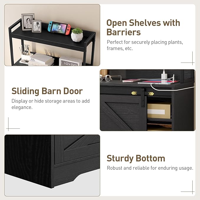 File Cabinet with Charging Station, Vertical Filing Cabinet with Shelves, Black File Cabinet for Home Office, Printer Stand with Open Storage Shelves & Barn Doors, Fits A4/Letter Files