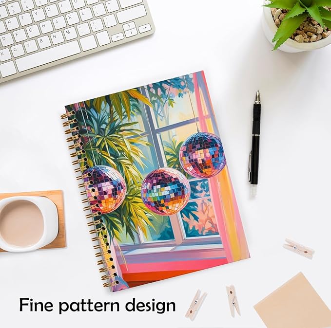 Vibrant Trendy Disco Balls Notebook, Funky Mirror Ball Journal, Maximalist Tropical Botanical Disco Journal, Modern Aesthetic Hardcover Spiral Notebook, 5.5x8.3 Inch