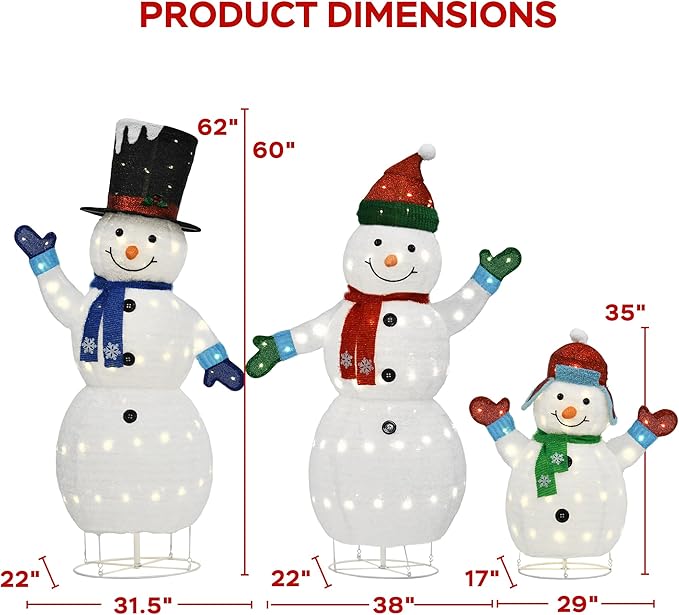 62"/60"/35" Large 3D Pop-Up Snowman Set, Lighted Snowman Family Outdoor Christmas Decor with 250 Warm White LEDs, Ground Stakes, Holiday Lawn Yard Garden Decorations, Set of 3