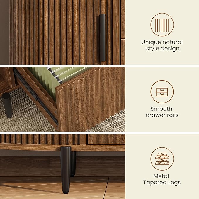 SEDETA 2 Drawer File Cabinet, 39.4" Filing Cabinet for Home Office, fit Legal/Letter/A4 Size, Light Luxury Fluted Filing Cabinets with 2 Sliding Door Storage, Printer Stand, Brown