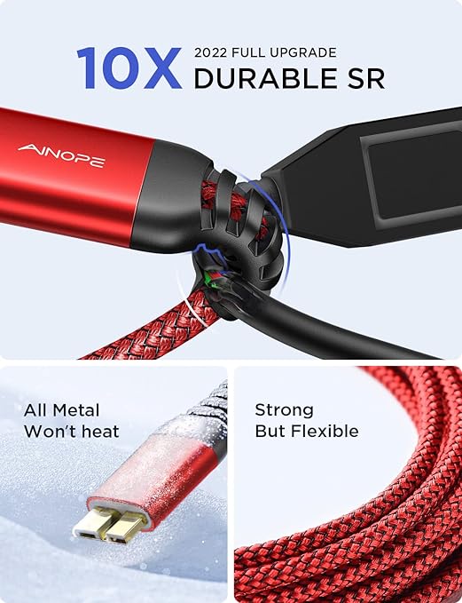 AINOPE 10Gbps Micro B to USB C Hard Drive Cable, [Nylon Braided] USB C to Micro B Cord, USB C to External Hard Drive Cable for Seagate WD Westgate, iPhone 16 Pro MacBook Air M2 Pro, 1.6FT, Red